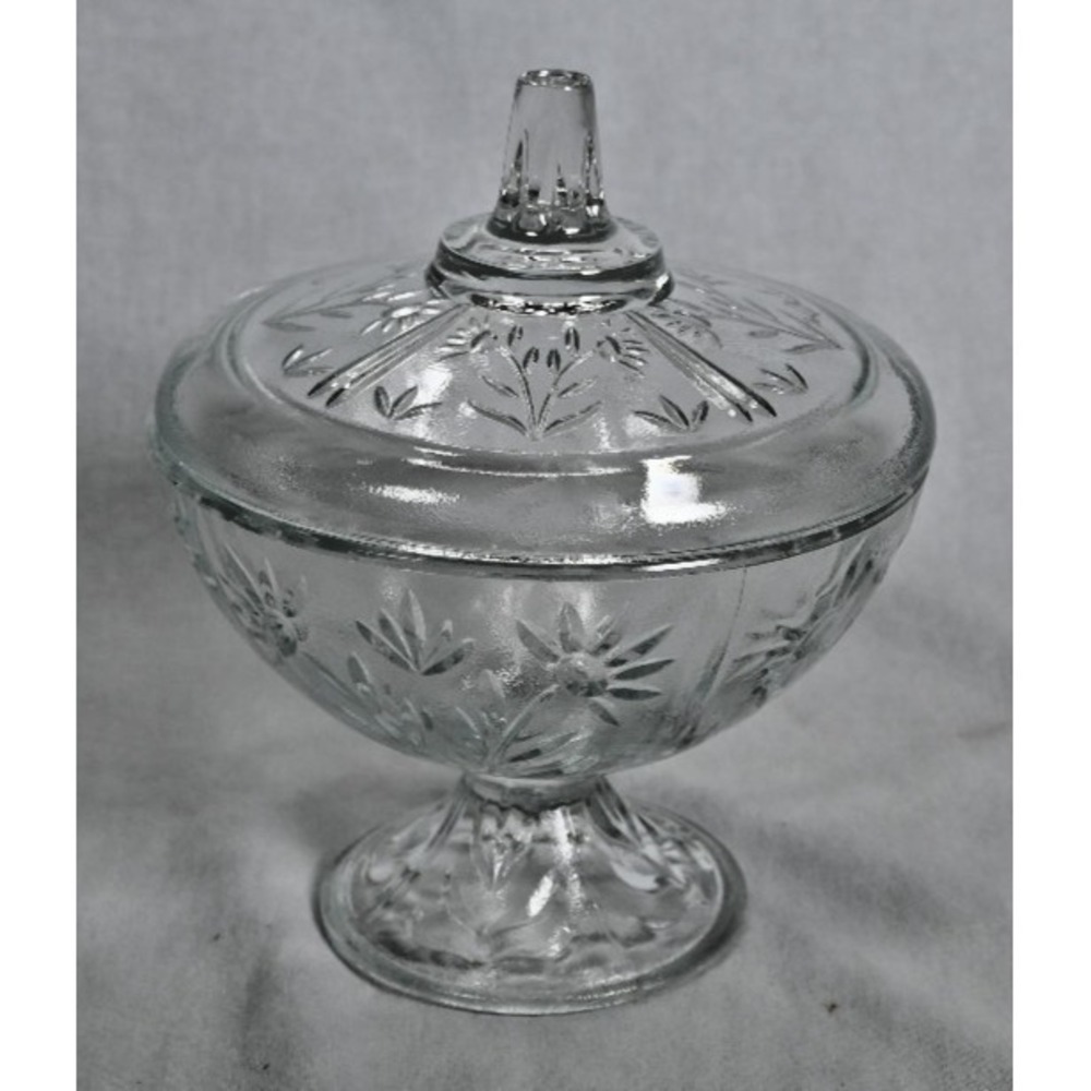 Vintage KIG Indonesia Lidded Candy Trinket Dish Pressed Daisy Glass 6"